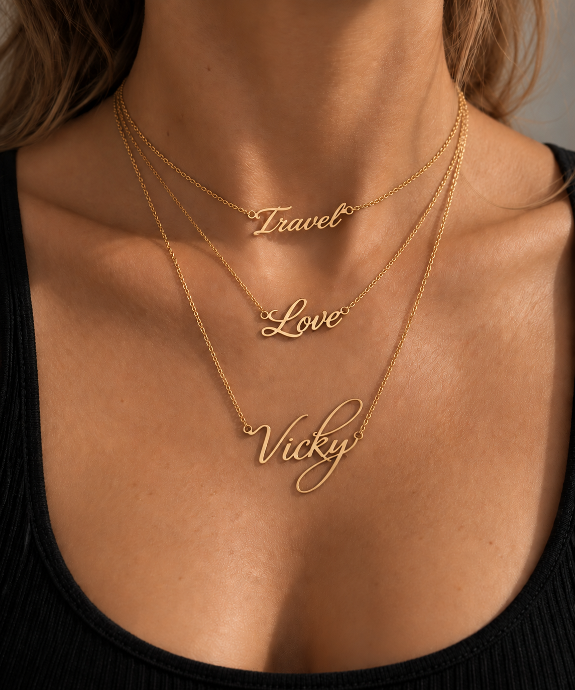 Personalized gold name necklaces by Coeur Ailleurs Jewelry