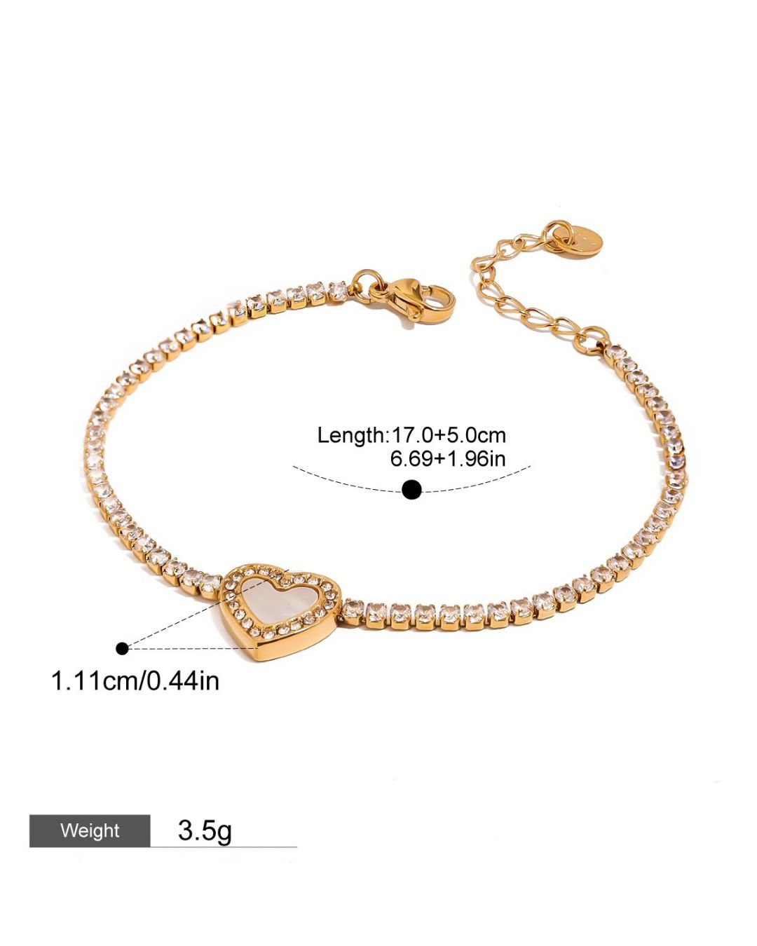 Eternal Heart gold PVD bracelet size guide showing the heart centerpiece dimensions, adjustable chain length, and lobster clasp.