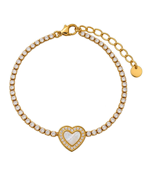 18K gold PVD Eternal Heart bracelet in 316L stainless steel, featuring a sparkling tennis chain and a heart-shaped mother-of-pearl effect centerpiece.