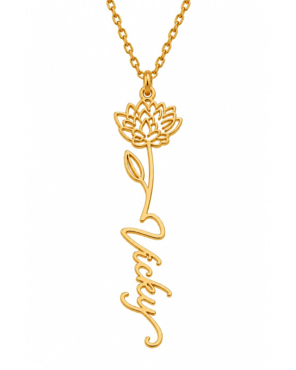 GIVERNY gold-tone birth flower necklace personalised with the name Vicky on a white background