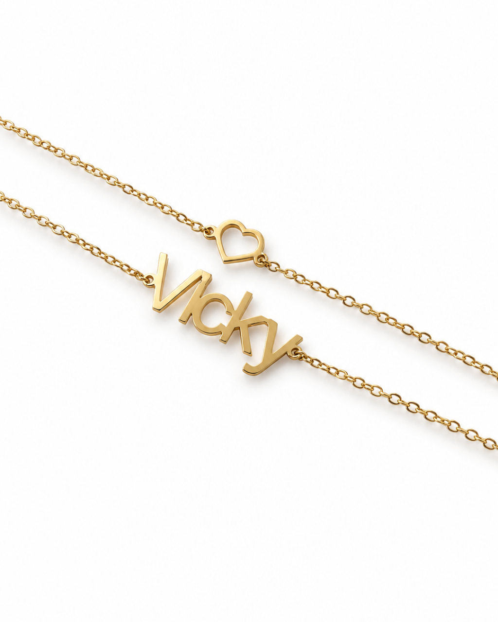 Gold-finish Hope personalised double chain bracelet with “Vicky” lettering and an open-heart detail on a white background.