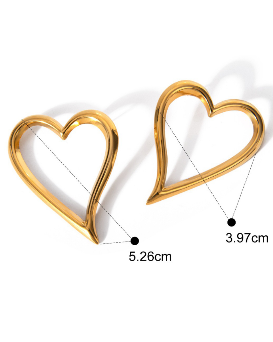 Gold-finish Love open-heart earrings with a diagram showing their height and width.