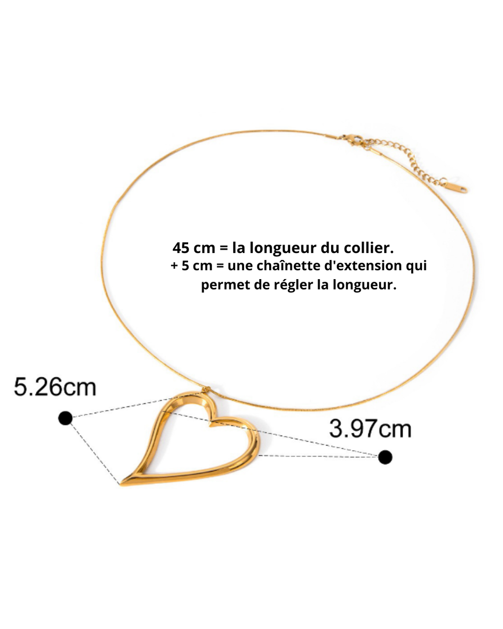 Gold-finish Love open-heart necklace with a diagram showing chain and pendant measurements.