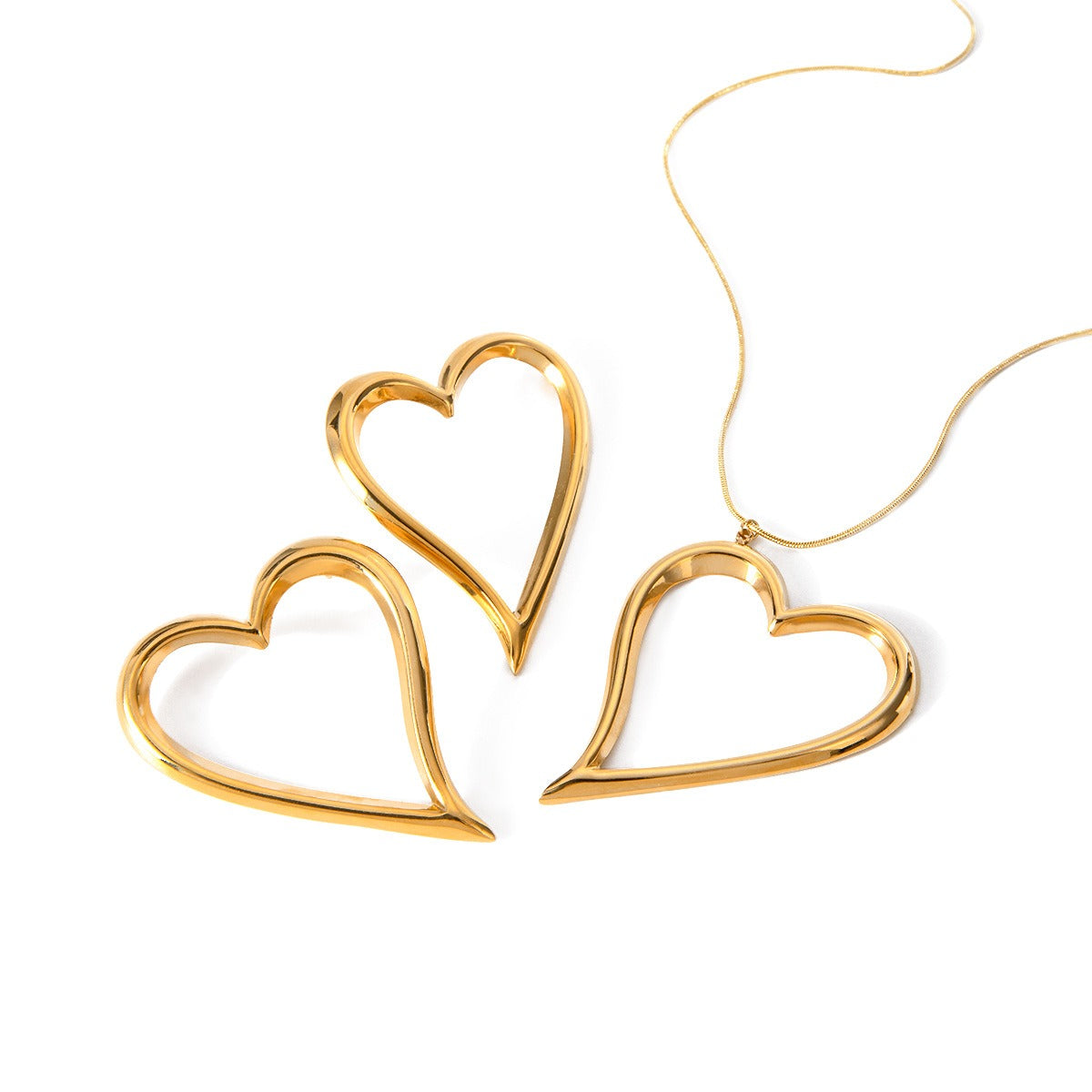 Gold-finish Love open-heart necklace and matching earrings arranged together on a white background.