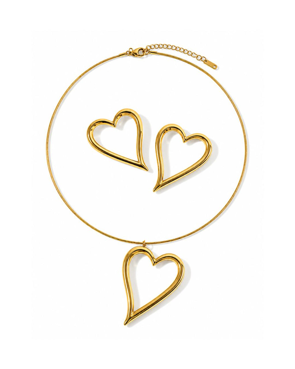 Gold-finish Love open-heart necklace and matching earrings displayed on a white background, sold separately.