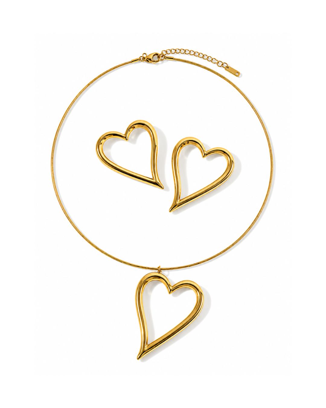 Gold-finish Love open-heart necklace and matching earrings displayed on a white background, sold separately.