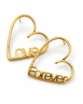 Gold-finish Love Story personalised heart earrings with “Love” and “Forever” lettering on a white background.