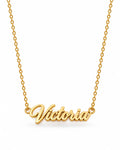 MIAMI personalized gold-tone necklace with the name Victoria on a white background