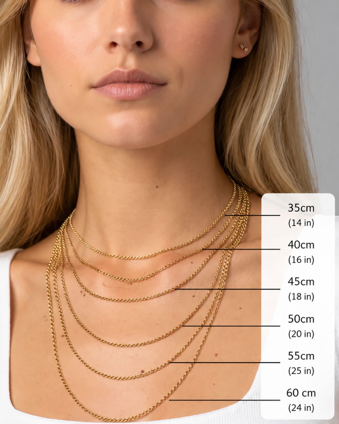 Necklace chain length guide showing how different lengths sit around the neck and chest