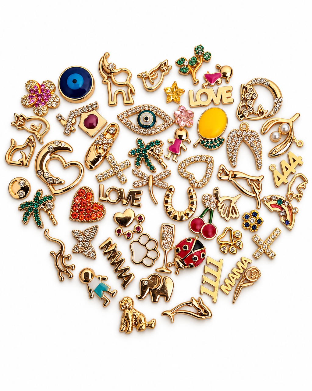 Collection of decorative charms arranged in a heart shape on a white background for personalizing a locket
