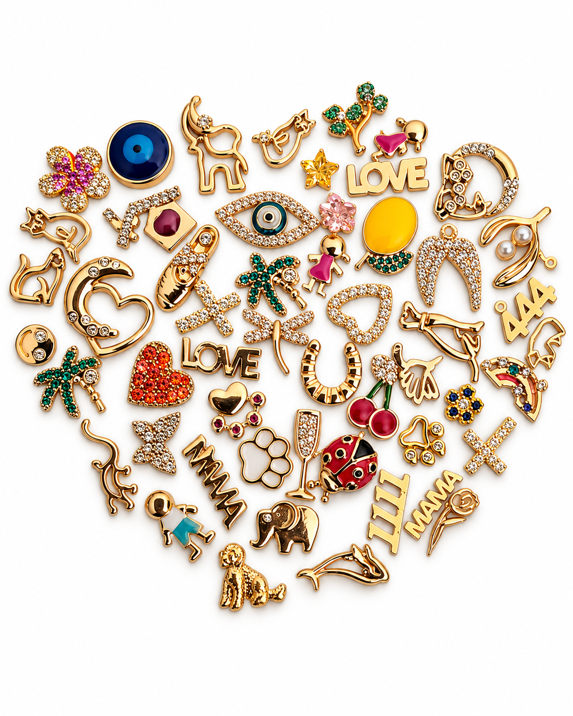 Collection of decorative charms arranged in a heart shape on a white background for personalizing a locket