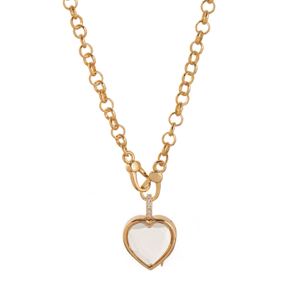 Gold-plated heart-shaped glass locket necklace from Coeur Ailleurs REMEMBER collection, designed for personalised charms.