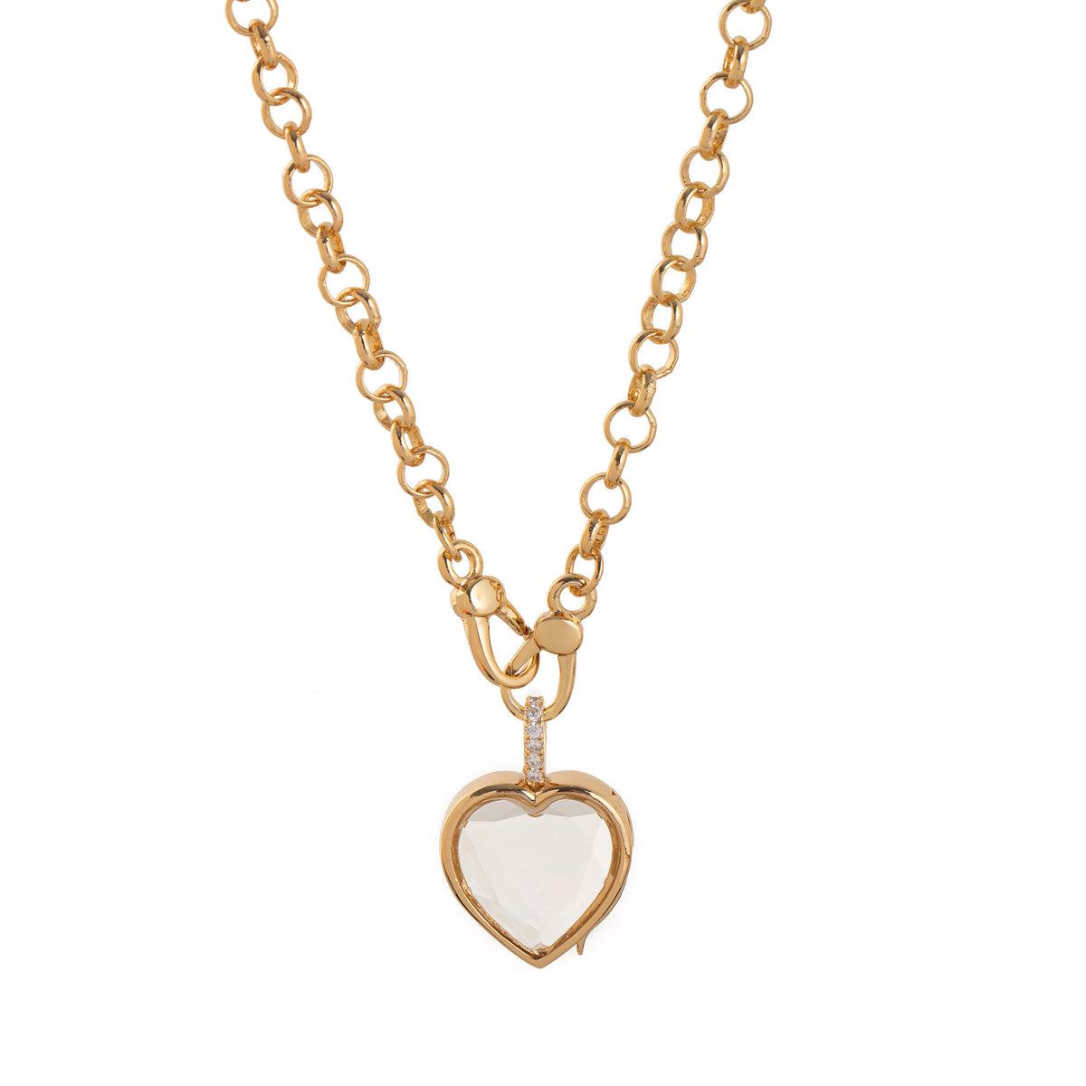 Gold-plated heart-shaped glass locket necklace from Coeur Ailleurs REMEMBER collection, designed for personalised charms.
