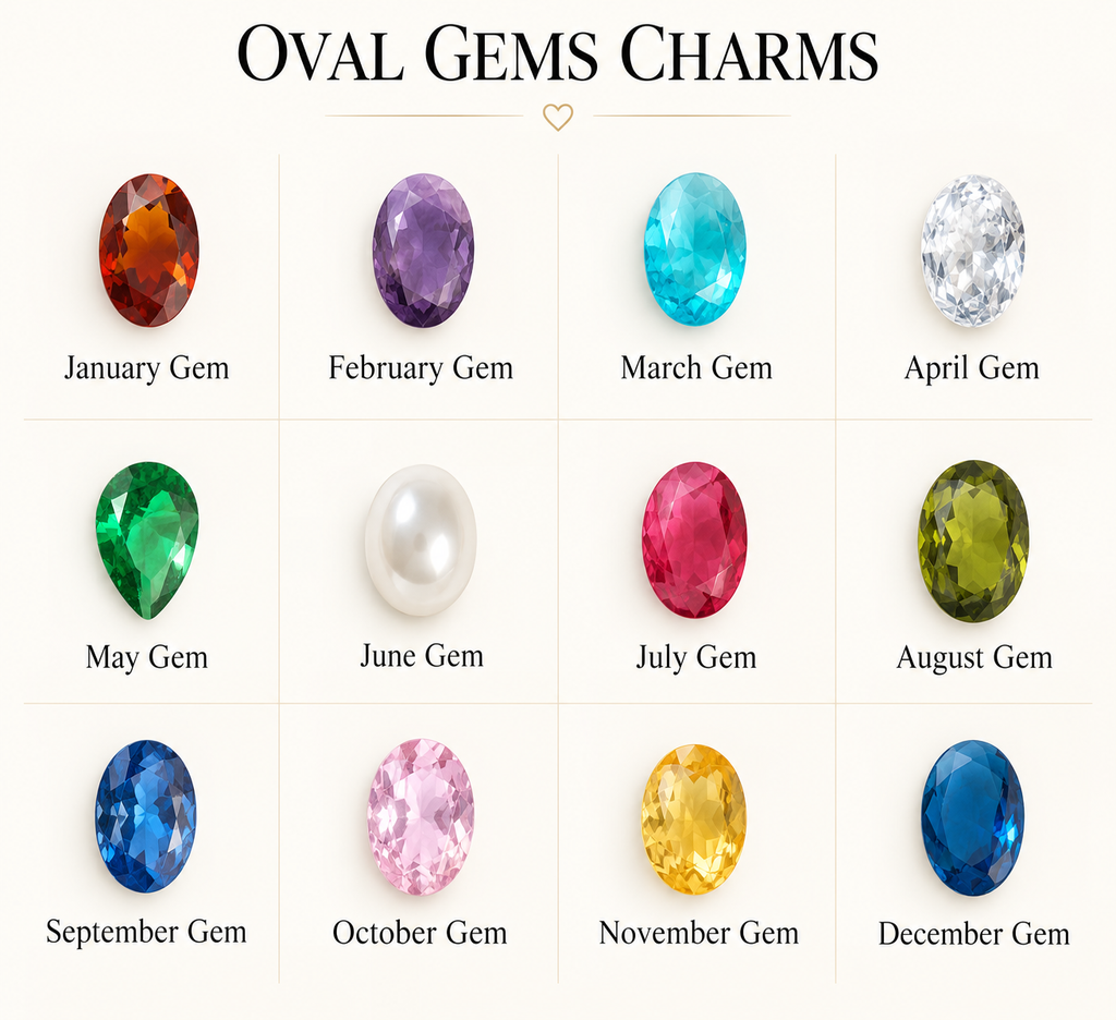 Twelve oval birthstone-inspired charms for Remember lockets, arranged by month from January to December.