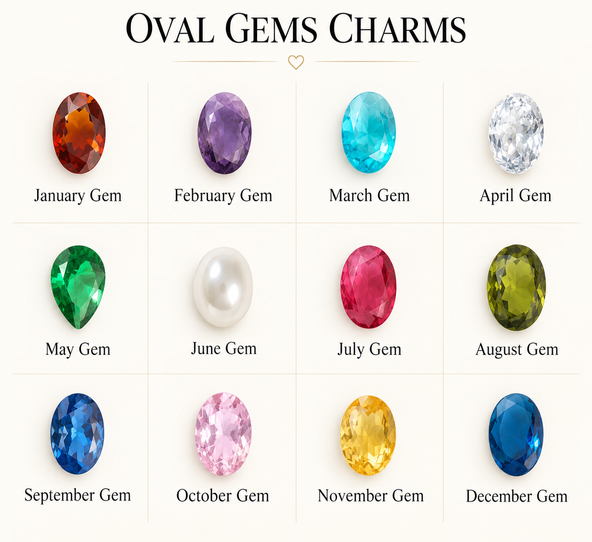 Twelve oval birthstone-inspired charms for Remember lockets, arranged by month from January to December.