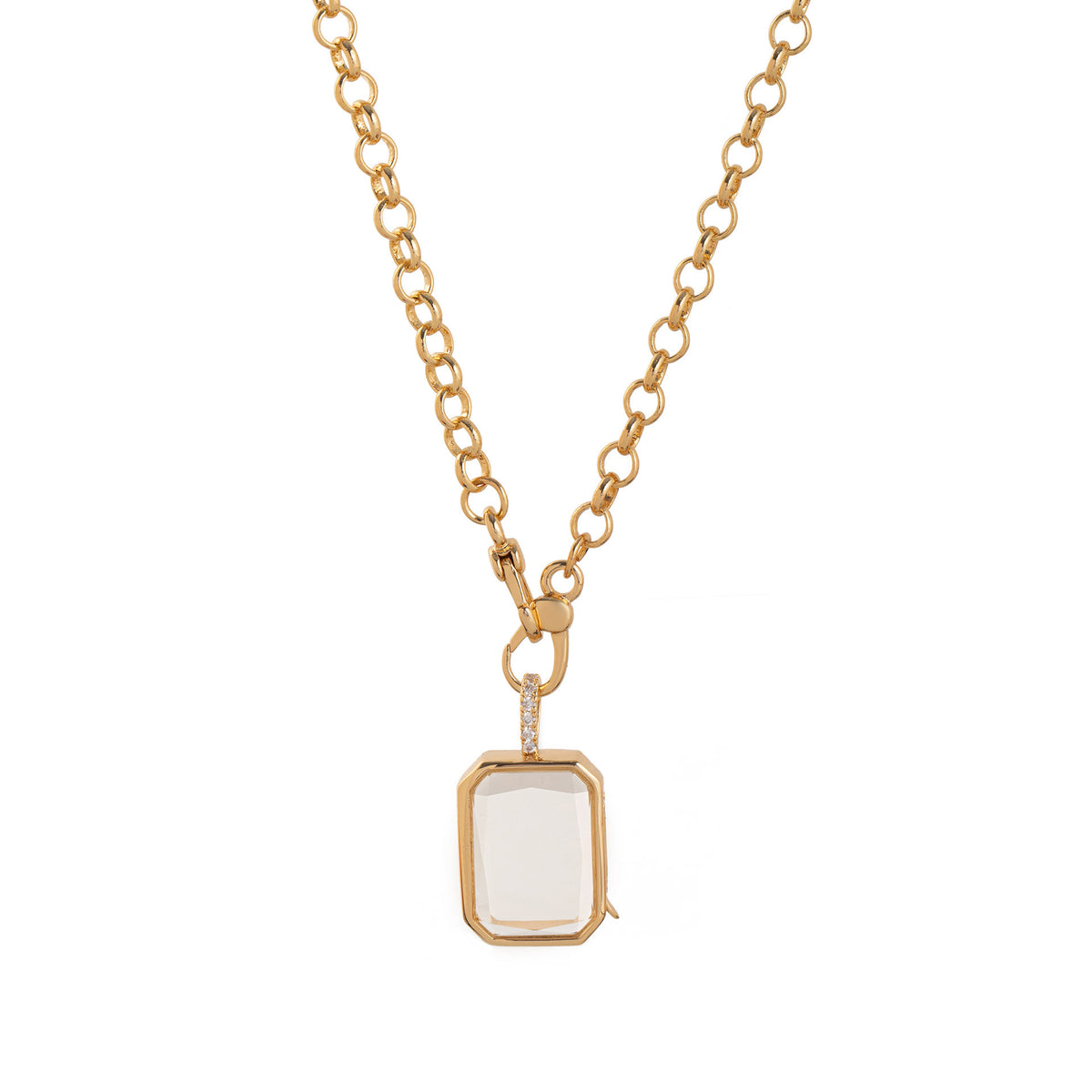 Gold-plated rectangular glass locket necklace from Cœur Ailleurs REMEMBER collection, designed for personalised charms.