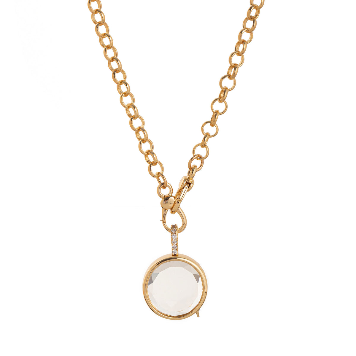 Gold-plated round glass locket necklace from Cœur Ailleurs REMEMBER collection, designed for personalised charms.