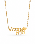 Gold-finish Together personalised heart name necklace with “Victoria” and “Fred” lettering on a white background.