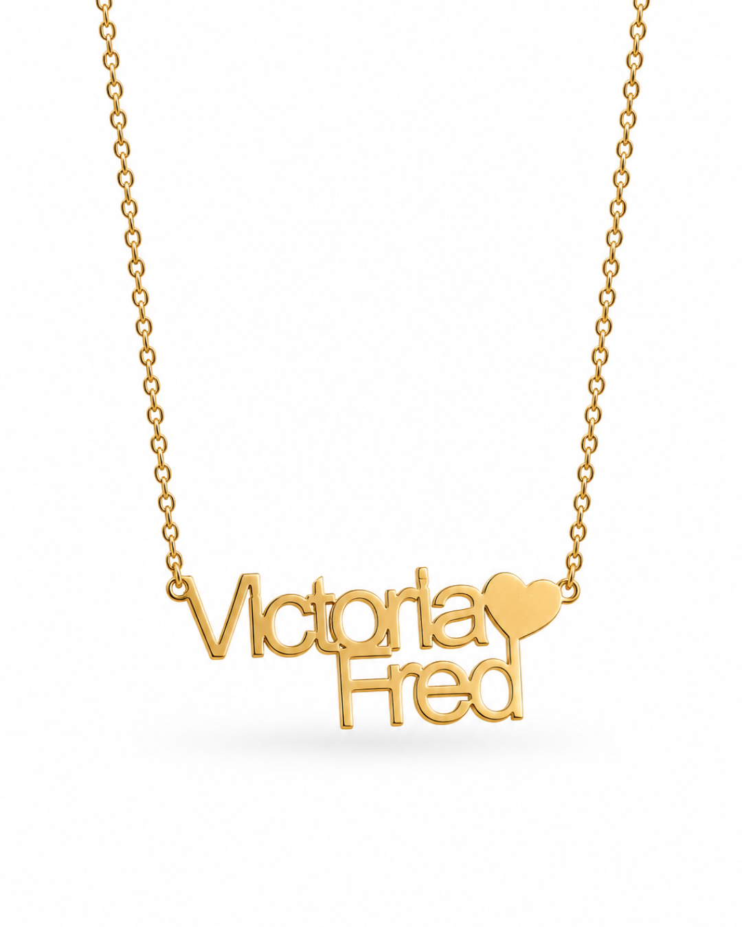 Gold-finish Together personalised heart name necklace with “Victoria” and “Fred” lettering on a white background.