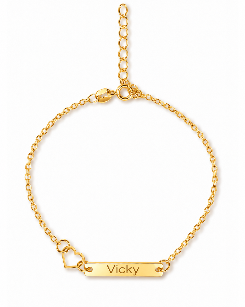 Gold-tone Venice personalized bracelet with an open heart, a bar engraved “Vicky” and an adjustable chain, shown on a white background